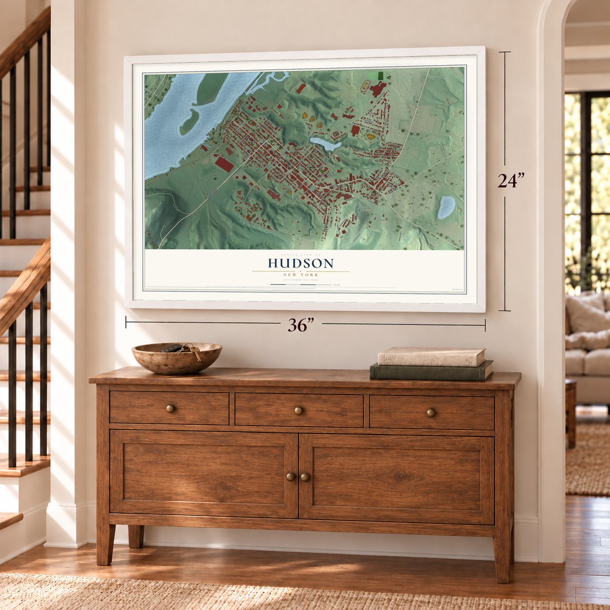 Hudson, New York map, 24 x 36 inch print in a white frame above a dresser by a staircase