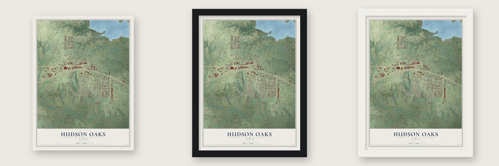 Hudson Oaks, Texas map unframed, in a black wood frame and in a white wood frame