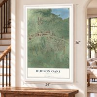 Hudson Oaks, Texas map, 24 x 36 inch print in a white frame by a staircase