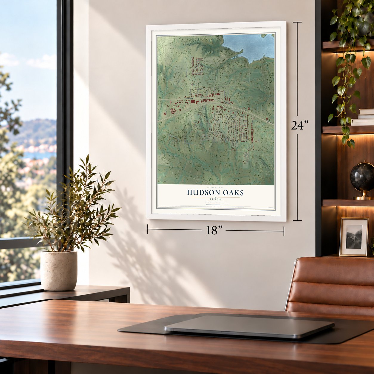 Hudson Oaks, Texas map, 18 x 24 inch print in a white frame in a home office