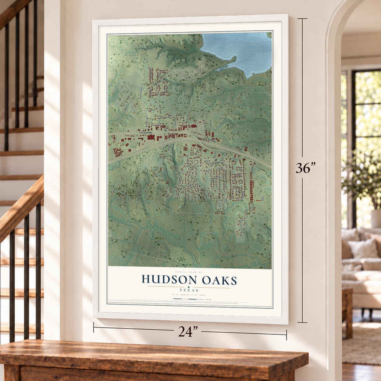 Hudson Oaks, Texas map, 24 x 36 inch print in a white frame by a staircase