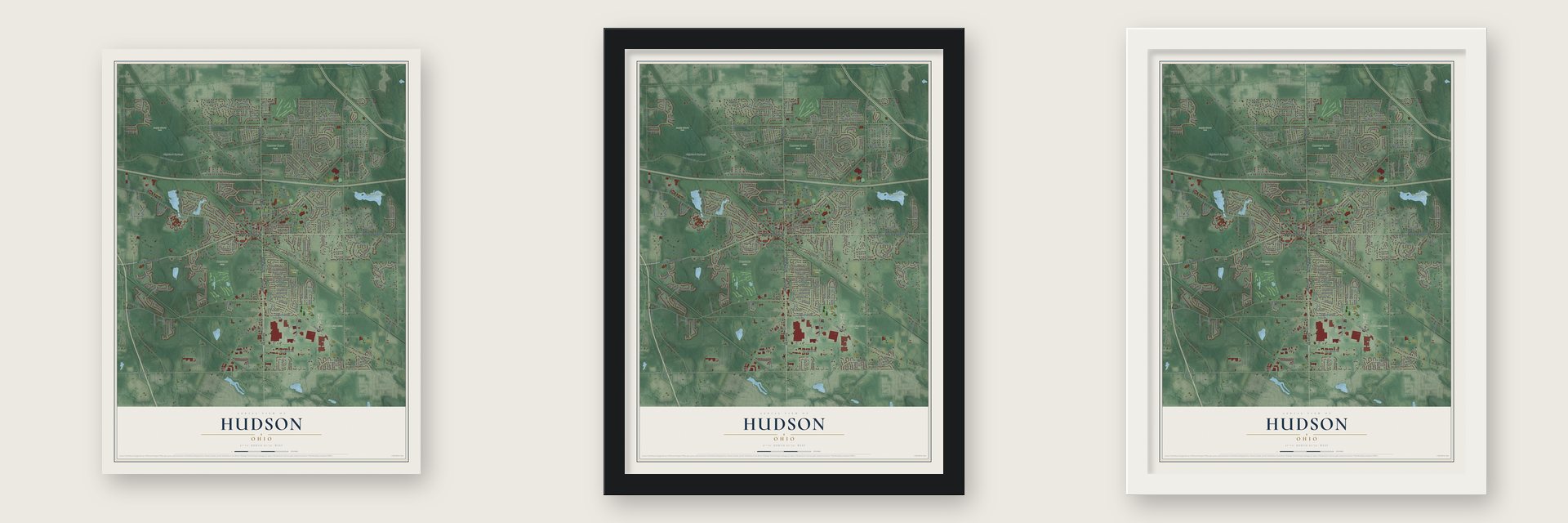 Hudson, Ohio map unframed, in a black wood frame and in a white wood frame