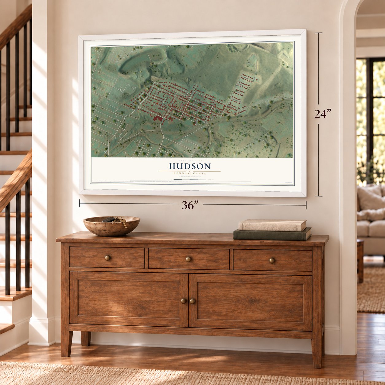 Hudson, Pennsylvania map, 24 x 36 inch print in a white frame above a dresser by a staircase