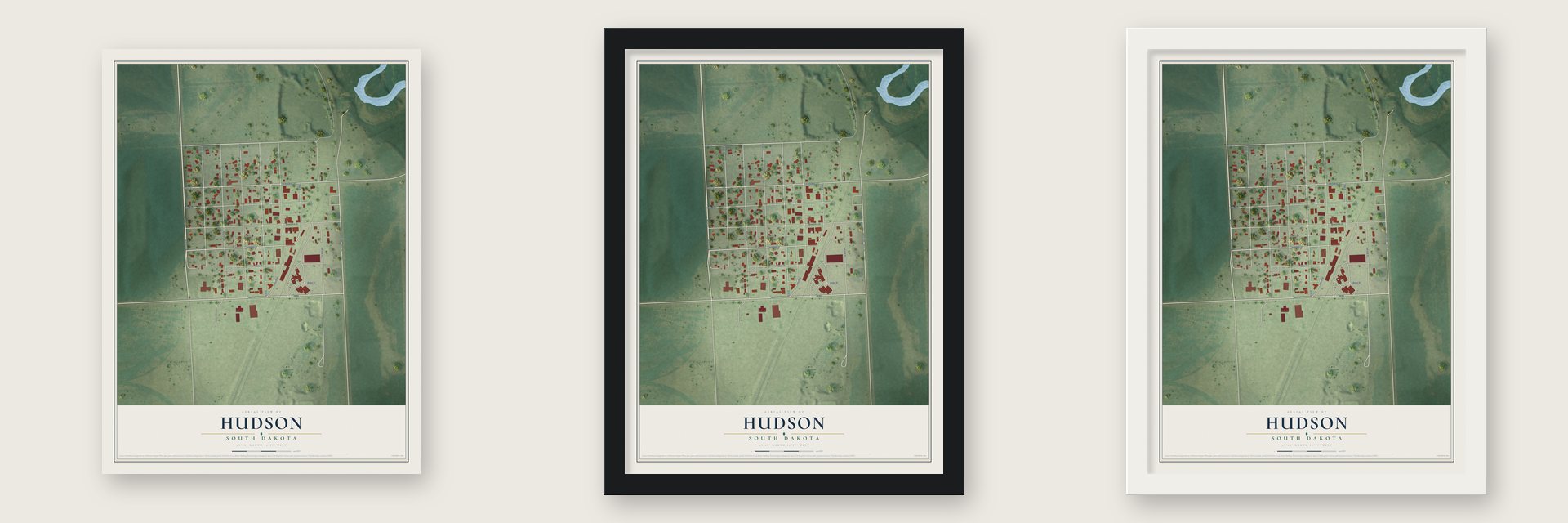 Hudson, South Dakota map unframed, in a black wood frame and in a white wood frame