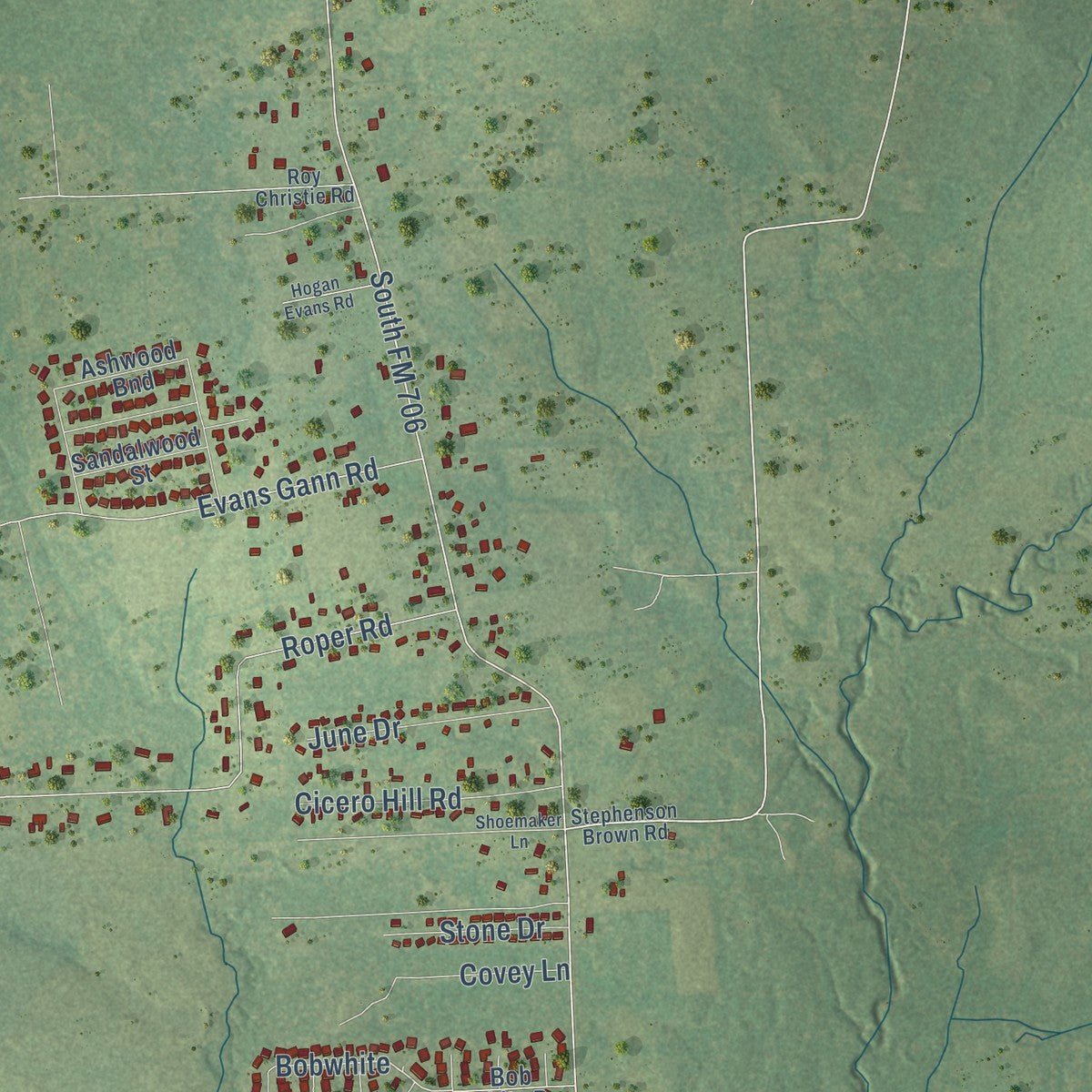 Second close-up of the map of Hudson, Texas print showing more streets and buildings