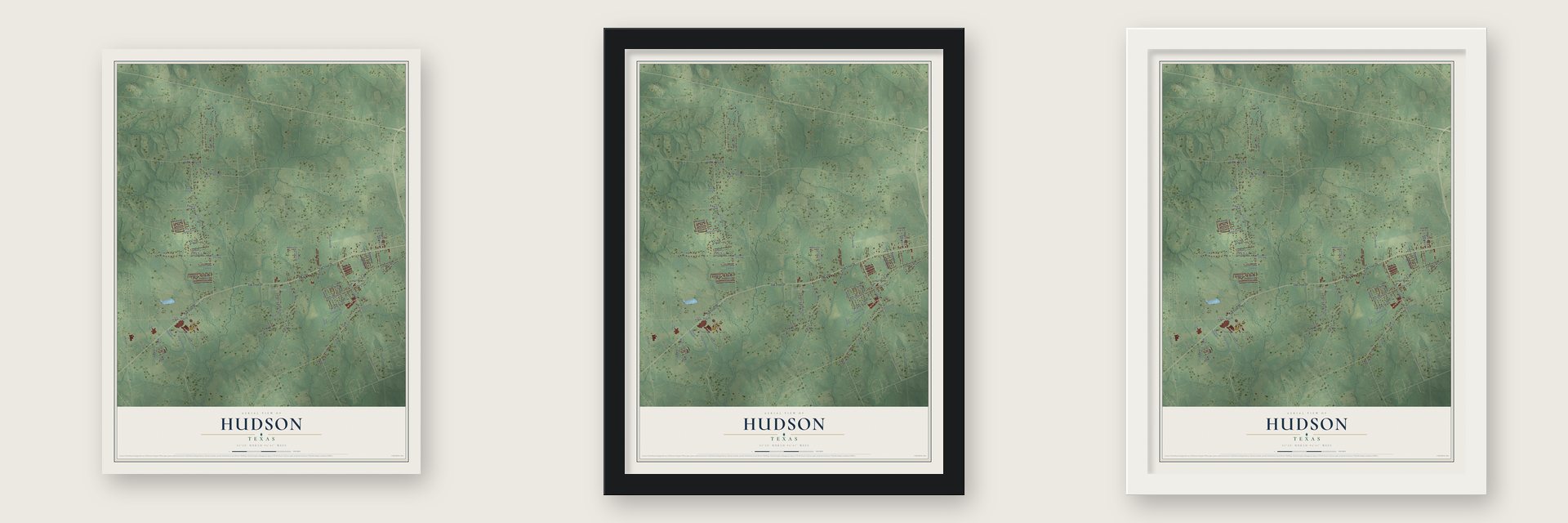 Hudson, Texas map unframed, in a black wood frame and in a white wood frame