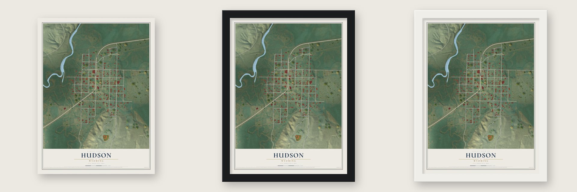 Hudson, Wyoming map unframed, in a black wood frame and in a white wood frame
