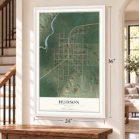 Hudson, Wyoming map, 24 x 36 inch print in a white frame by a staircase