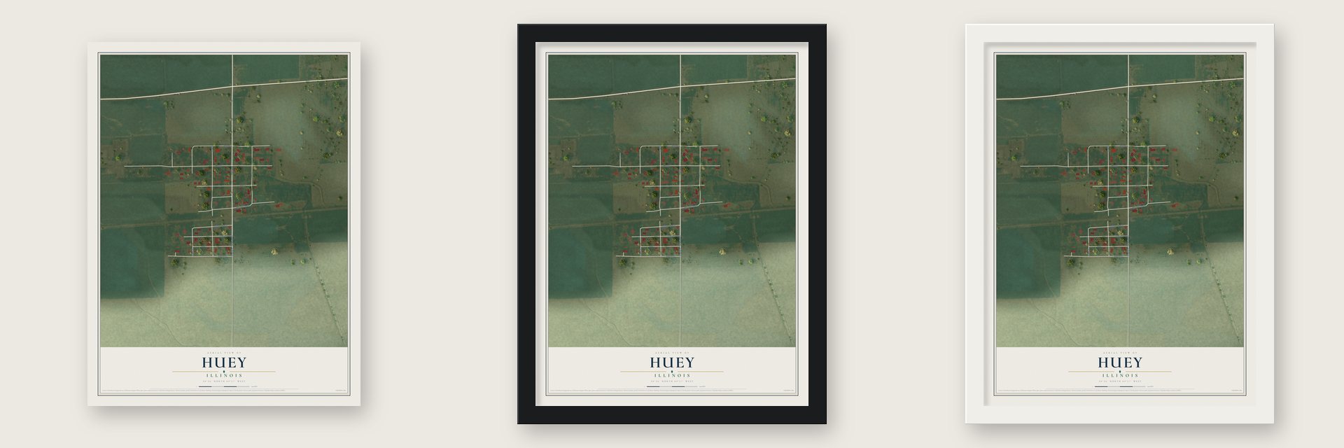Huey, Illinois map unframed, in a black wood frame and in a white wood frame