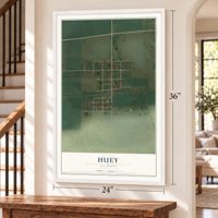 Huey, Illinois map, 24 x 36 inch print in a white frame by a staircase