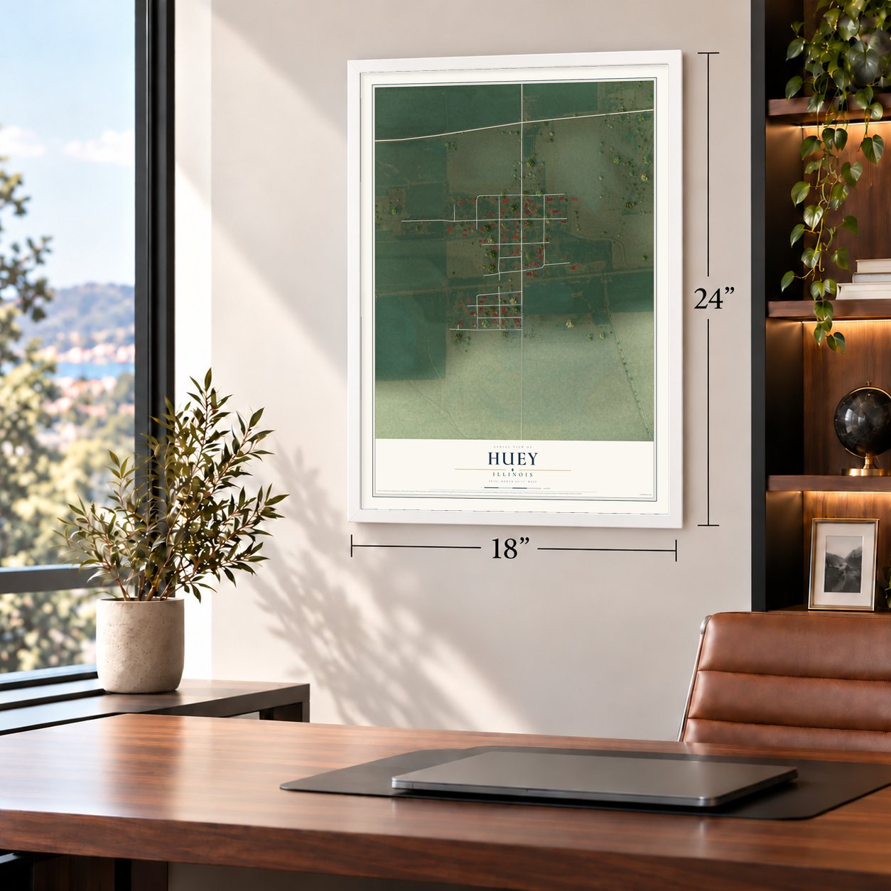 Huey, Illinois map, 18 x 24 inch print in a white frame in a home office