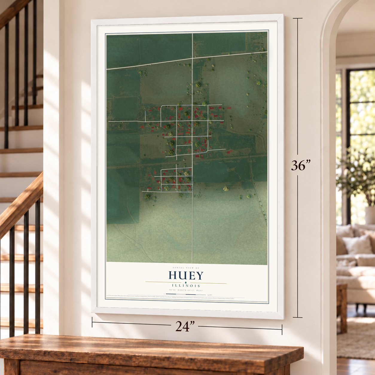 Huey, Illinois map, 24 x 36 inch print in a white frame by a staircase