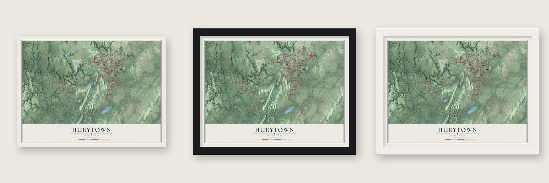 Hueytown, Alabama map unframed, in a black wood frame and in a white wood frame