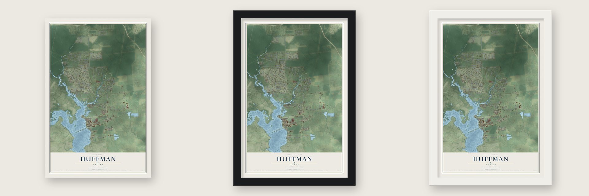 Huffman, Texas map unframed, in a black wood frame and in a white wood frame