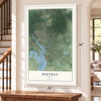 Huffman, Texas map, 24 x 36 inch print in a white frame by a staircase