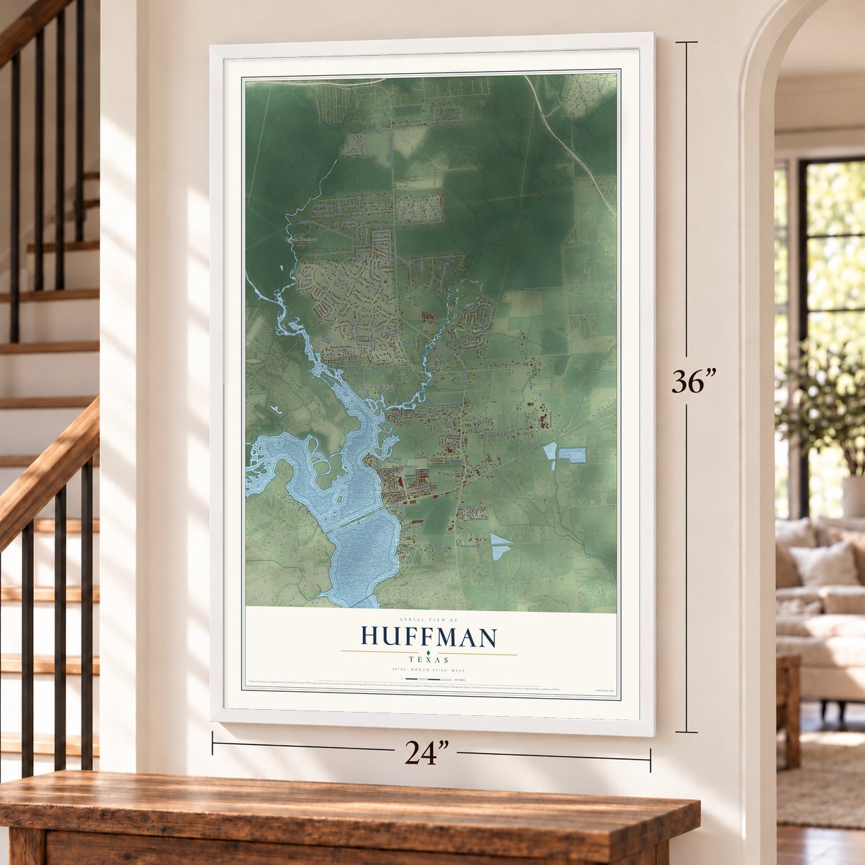 Huffman, Texas map, 24 x 36 inch print in a white frame by a staircase