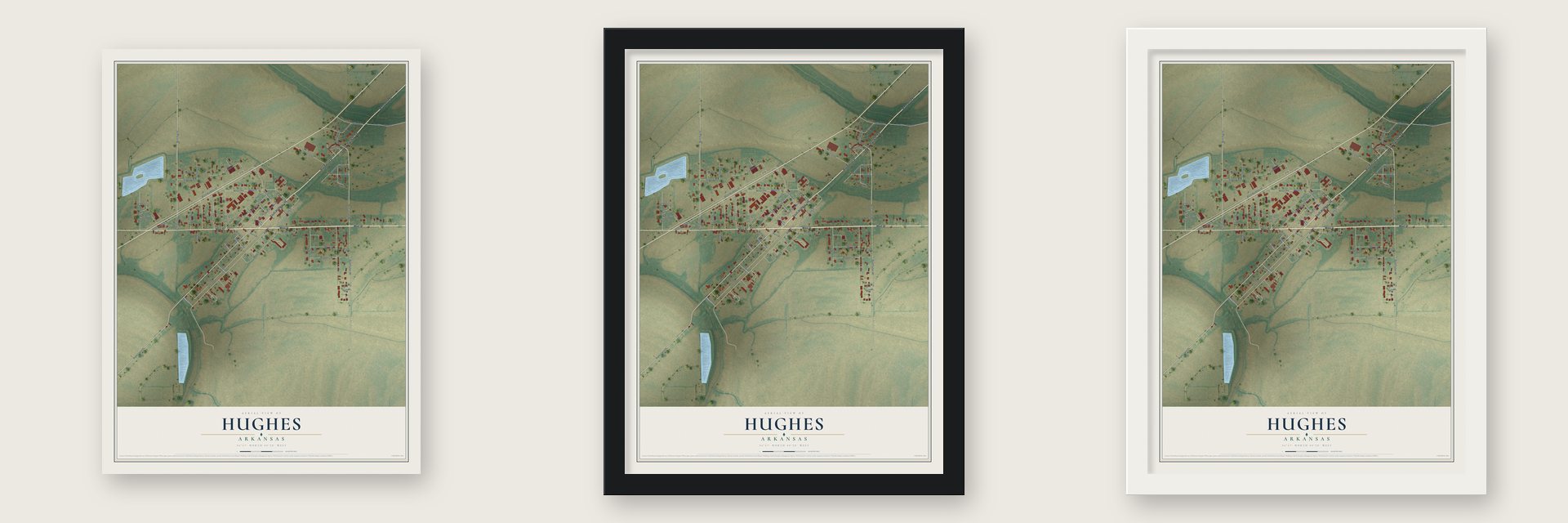 Hughes, Arkansas map unframed, in a black wood frame and in a white wood frame