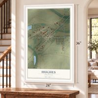 Hughes, Arkansas map, 24 x 36 inch print in a white frame by a staircase