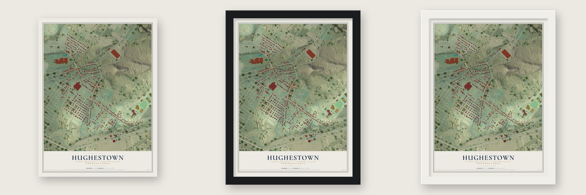 Hughestown, Pennsylvania map unframed, in a black wood frame and in a white wood frame