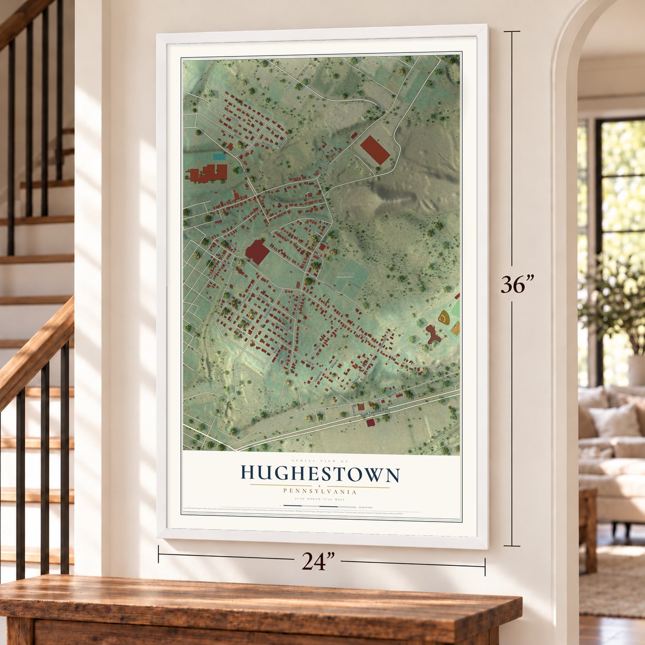 Hughestown, Pennsylvania map, 24 x 36 inch print in a white frame by a staircase