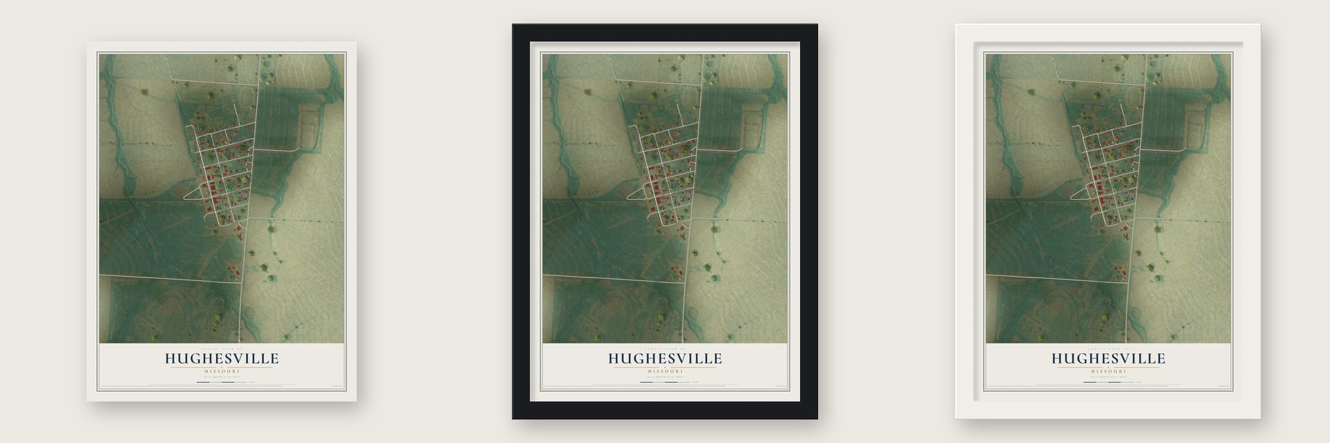 Hughesville, Missouri map unframed, in a black wood frame and in a white wood frame