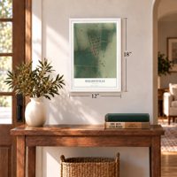 Hughesville, Missouri map, 12 x 18 inch print in a white frame in an entryway