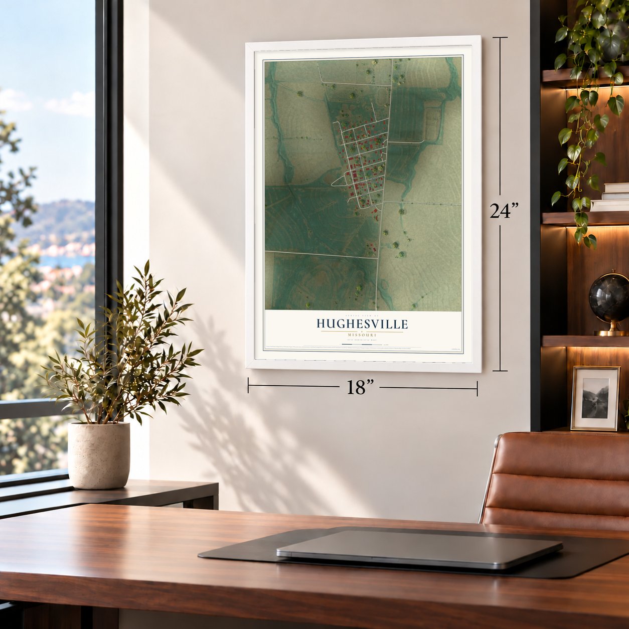 Hughesville, Missouri map, 18 x 24 inch print in a white frame in a home office