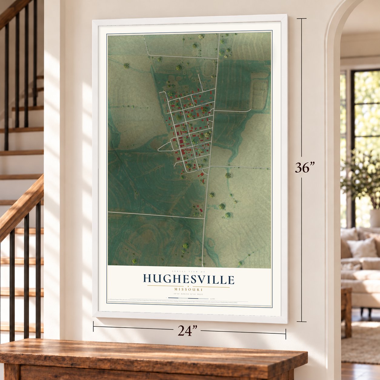 Hughesville, Missouri map, 24 x 36 inch print in a white frame by a staircase