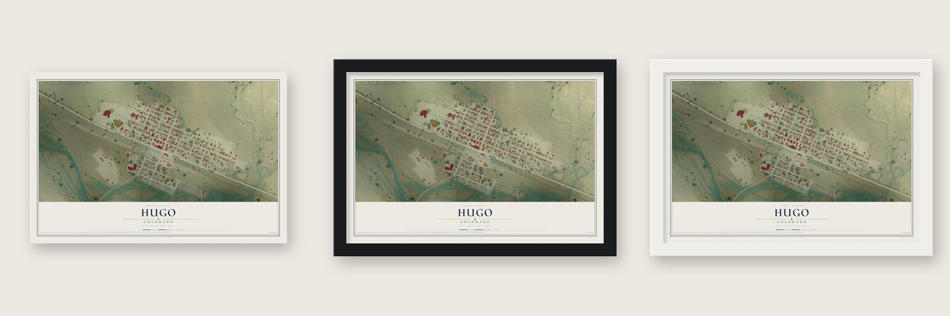 Hugo, Colorado map unframed, in a black wood frame and in a white wood frame