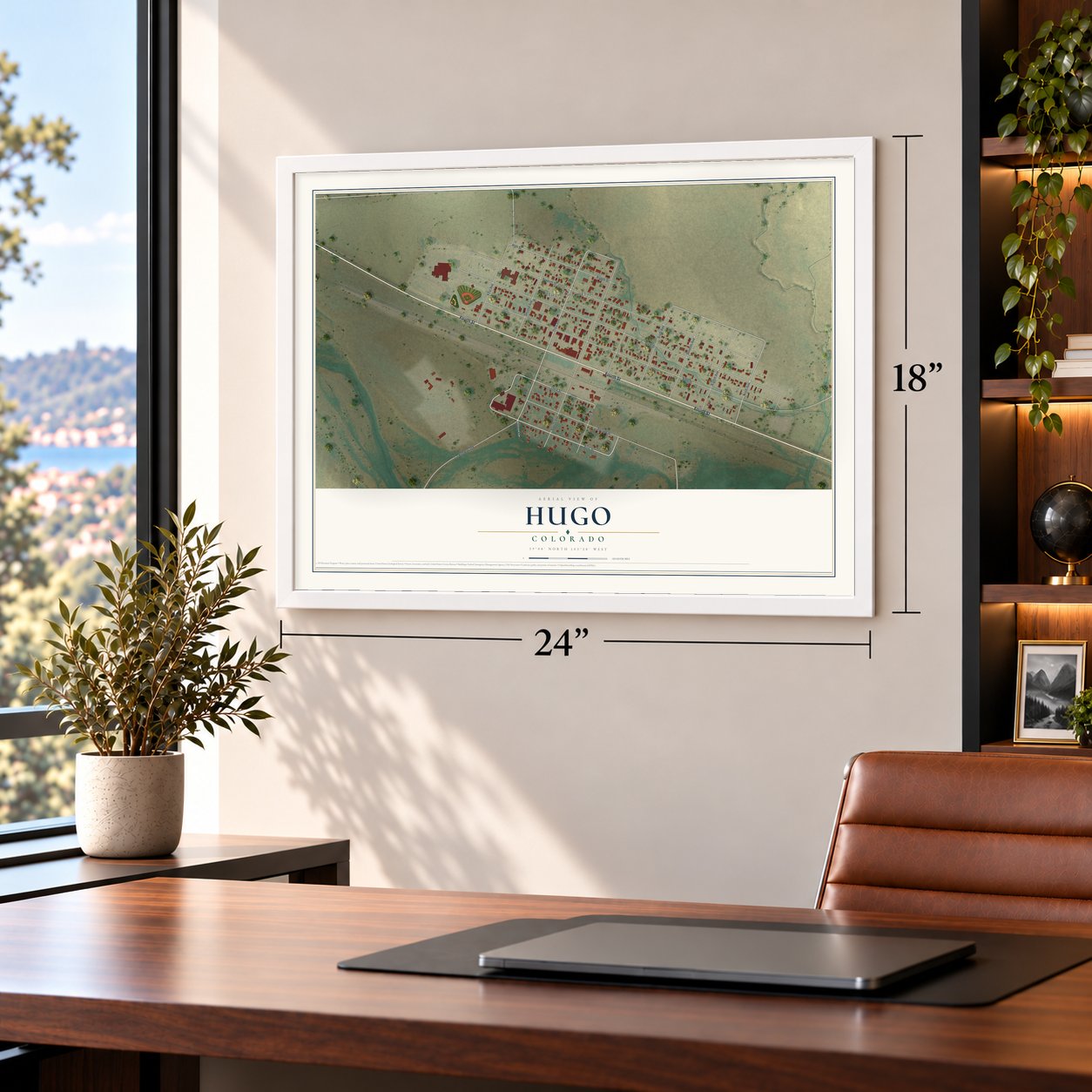 Hugo, Colorado map, 18 x 24 inch print in a white frame in a home office