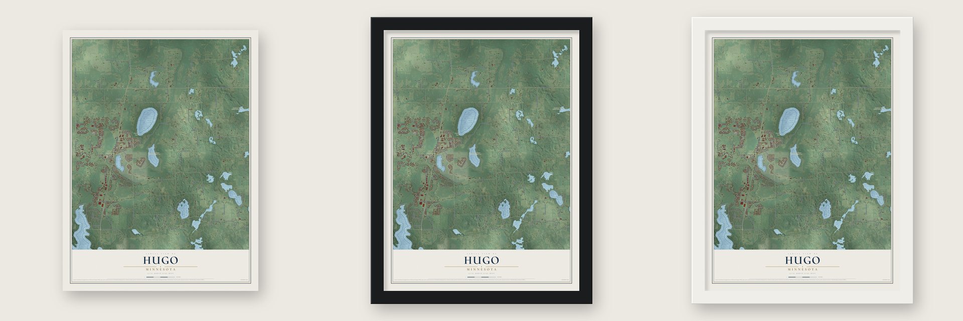 Hugo, Minnesota map unframed, in a black wood frame and in a white wood frame