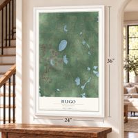 Hugo, Minnesota map, 24 x 36 inch print in a white frame by a staircase