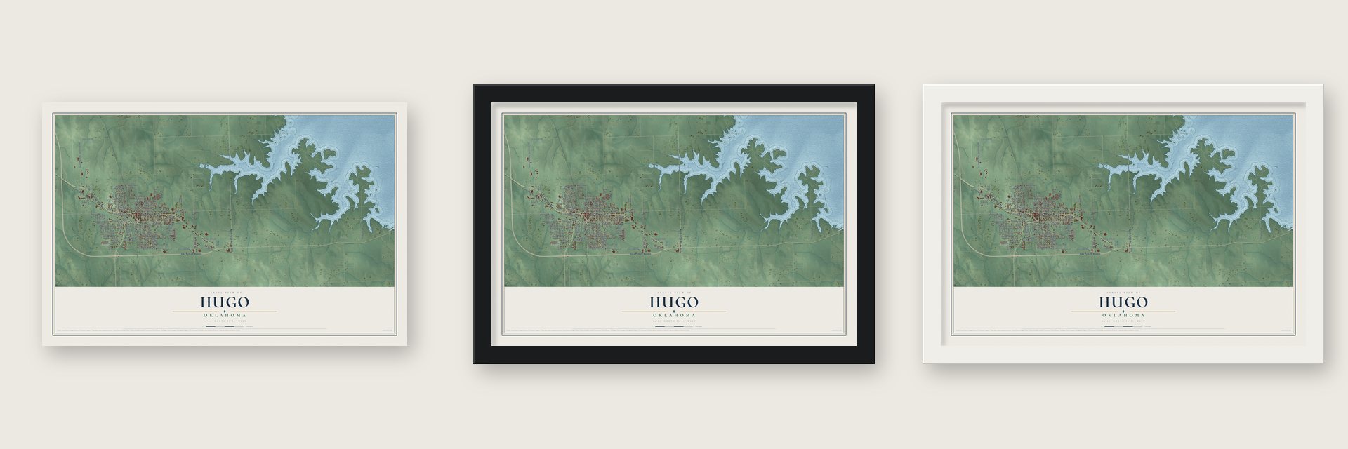 Hugo, Oklahoma map unframed, in a black wood frame and in a white wood frame