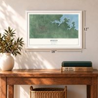 Hugo, Oklahoma map, 12 x 18 inch print in a white frame in an entryway