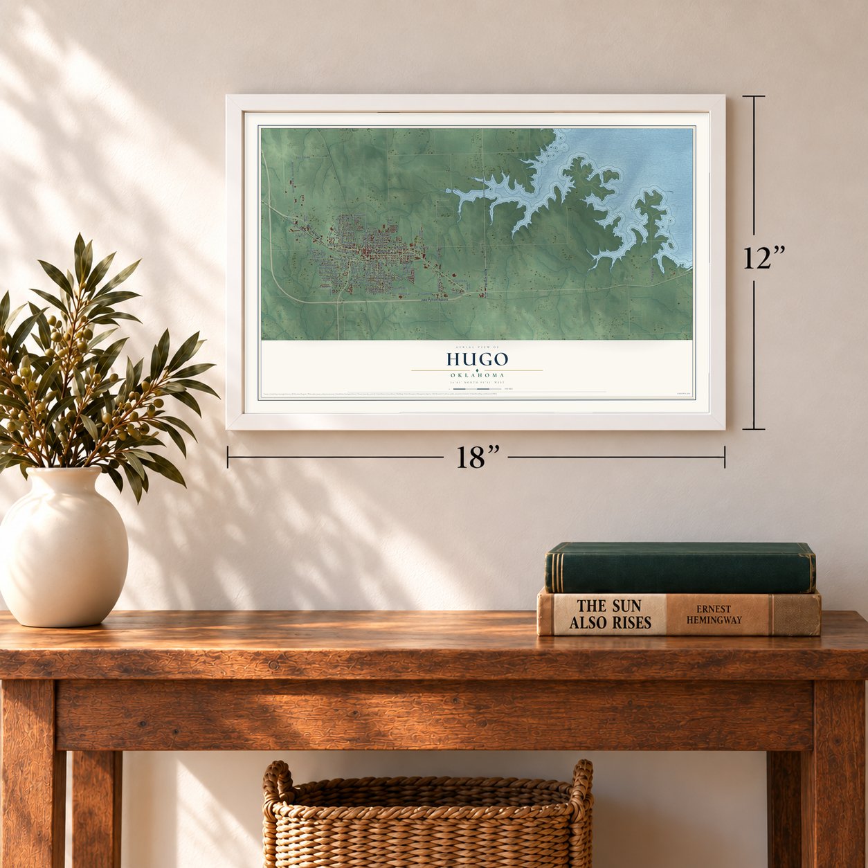 Hugo, Oklahoma map, 12 x 18 inch print in a white frame in an entryway