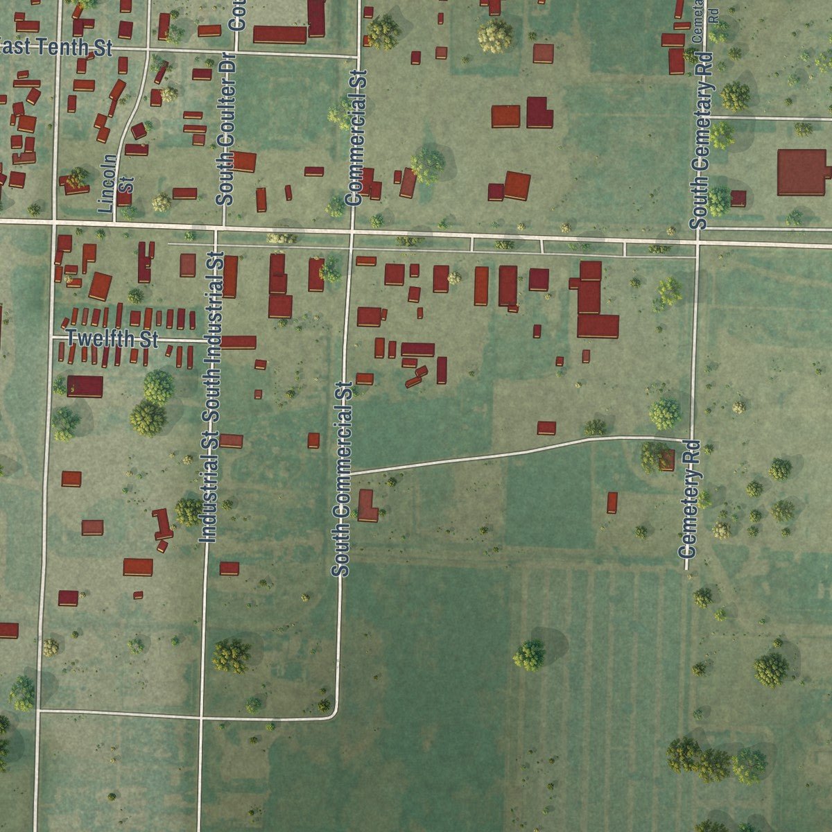 Second close-up of the map of Hugoton, Kansas print showing more streets and buildings