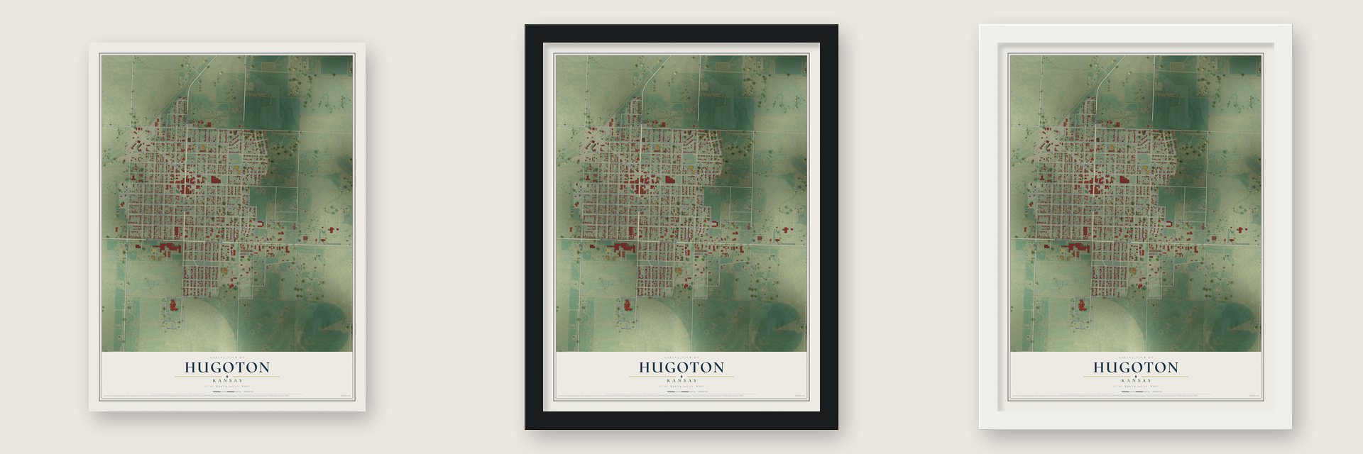 Hugoton, Kansas map unframed, in a black wood frame and in a white wood frame