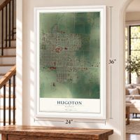 Hugoton, Kansas map, 24 x 36 inch print in a white frame by a staircase