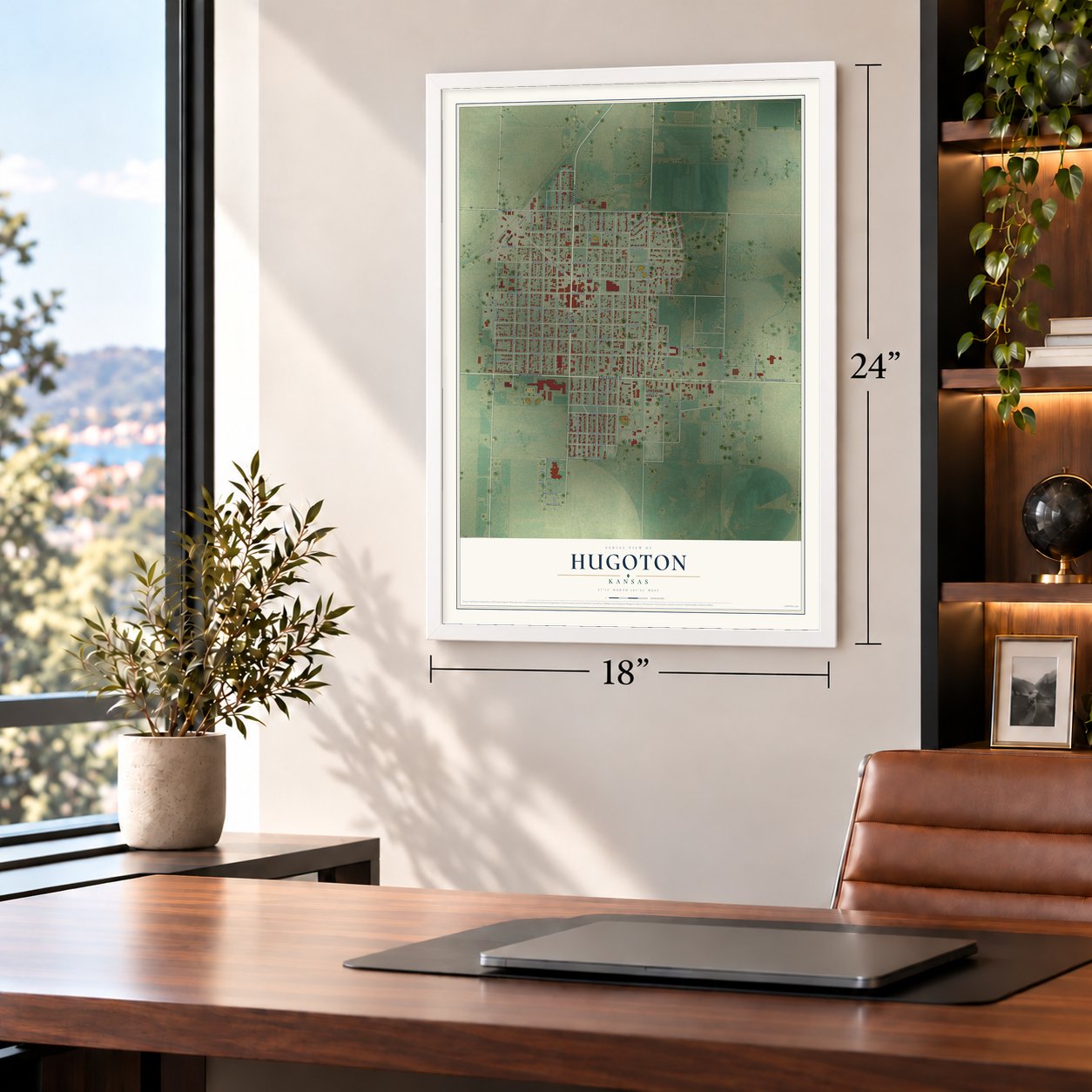 Hugoton, Kansas map, 18 x 24 inch print in a white frame in a home office