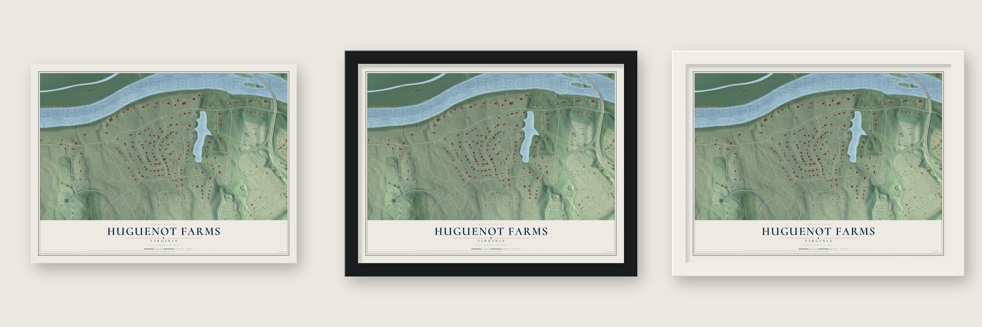 Huguenot Farms, Virginia map unframed, in a black wood frame and in a white wood frame