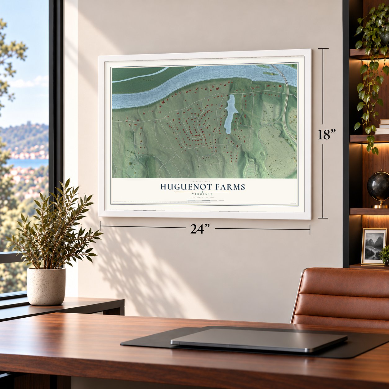 Huguenot Farms, Virginia map, 18 x 24 inch print in a white frame in a home office