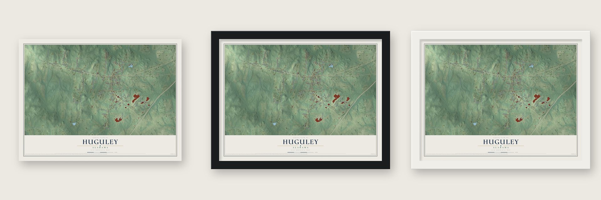 Huguley, Alabama map unframed, in a black wood frame and in a white wood frame