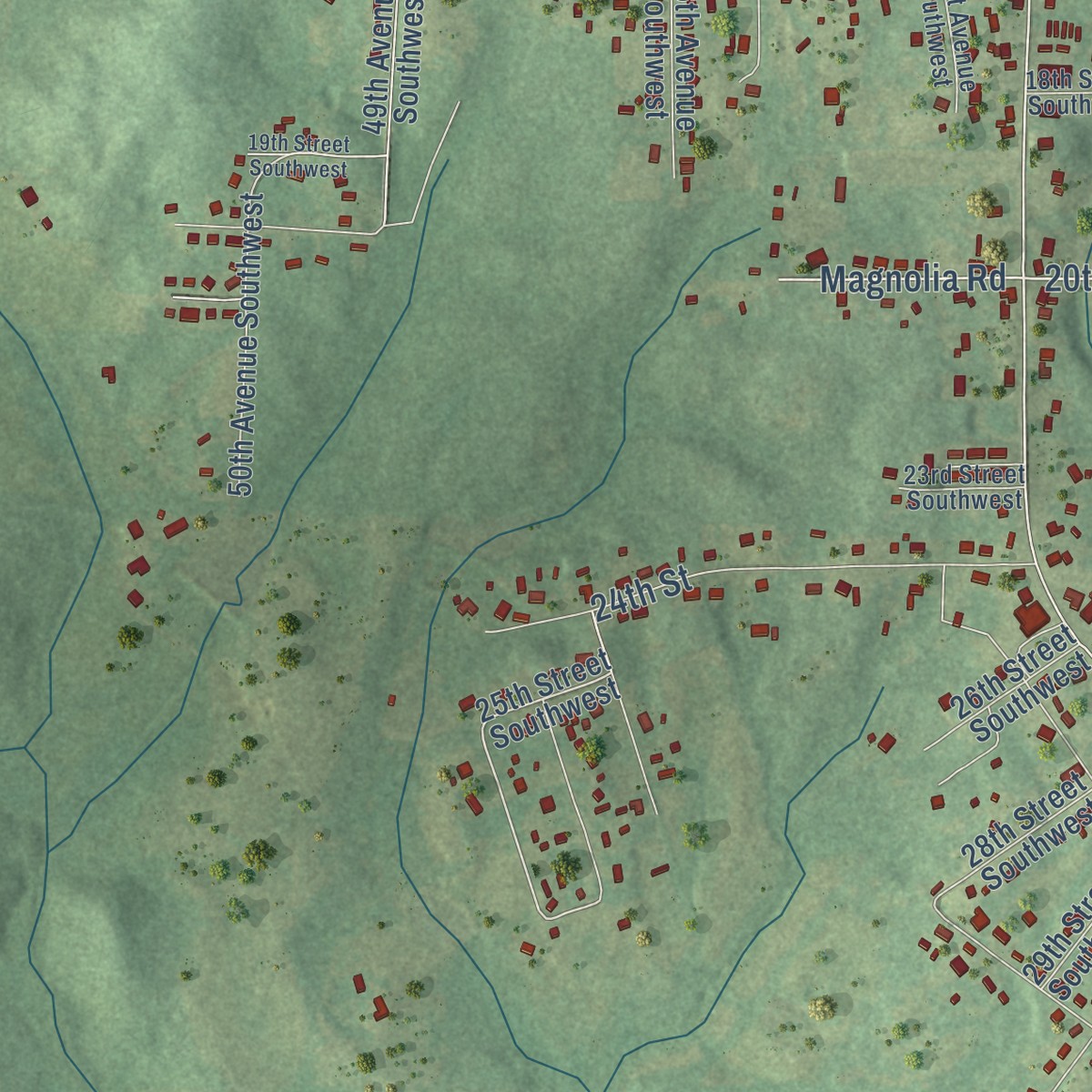 Second close-up of the map of Huguley, Alabama print showing more streets and buildings