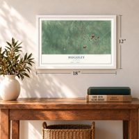 Huguley, Alabama map, 12 x 18 inch print in a white frame in an entryway