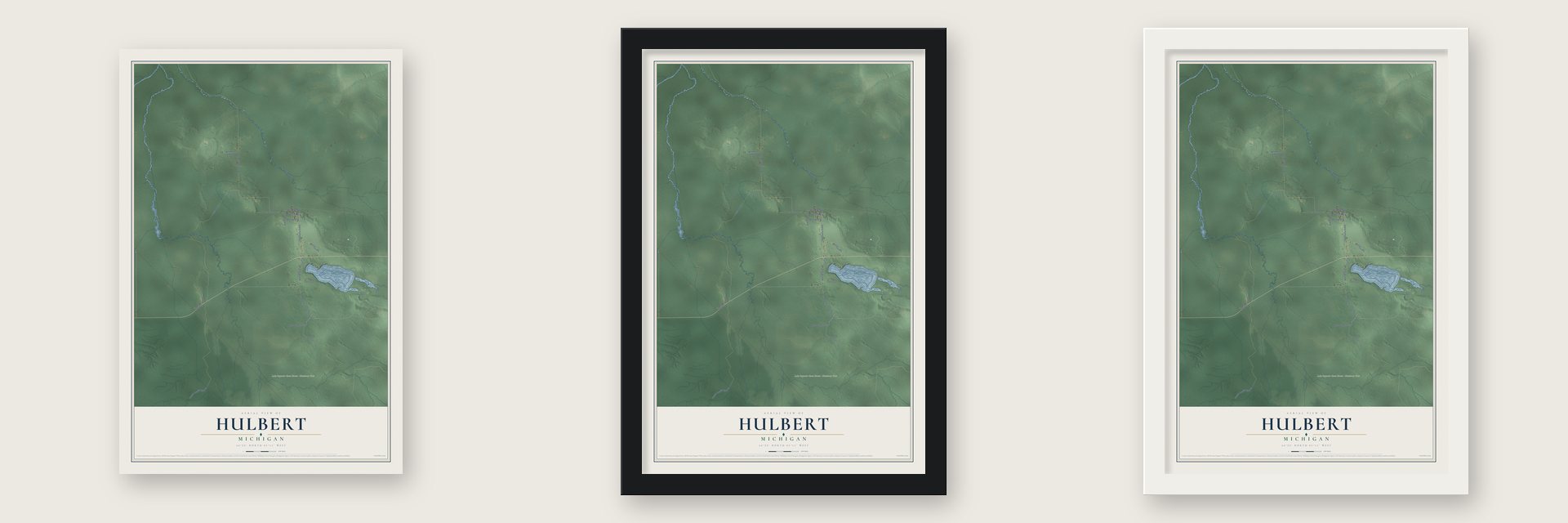 Hulbert, Michigan map unframed, in a black wood frame and in a white wood frame