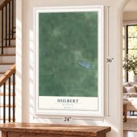 Hulbert, Michigan map, 24 x 36 inch print in a white frame by a staircase