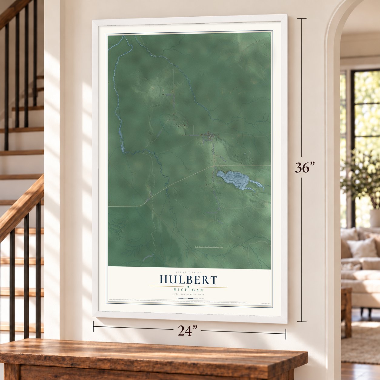 Hulbert, Michigan map, 24 x 36 inch print in a white frame by a staircase