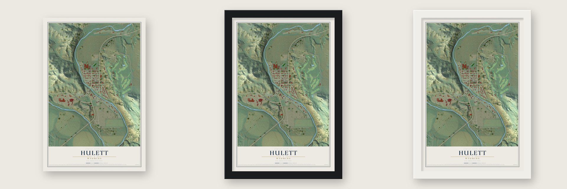 Hulett, Wyoming map unframed, in a black wood frame and in a white wood frame