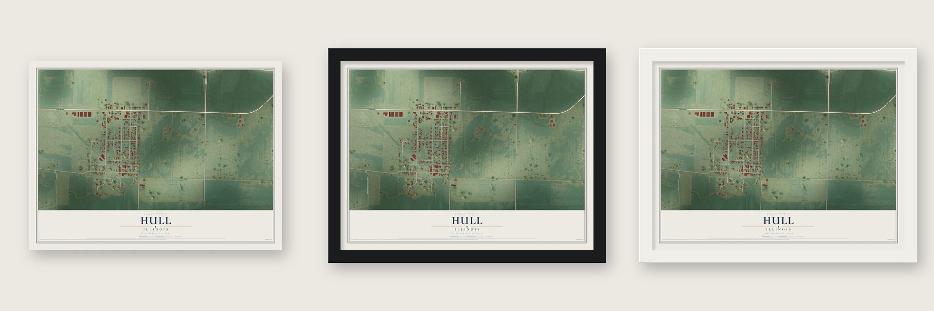 Hull, Illinois map unframed, in a black wood frame and in a white wood frame