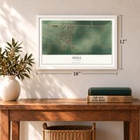Hull, Illinois map, 12 x 18 inch print in a white frame in an entryway